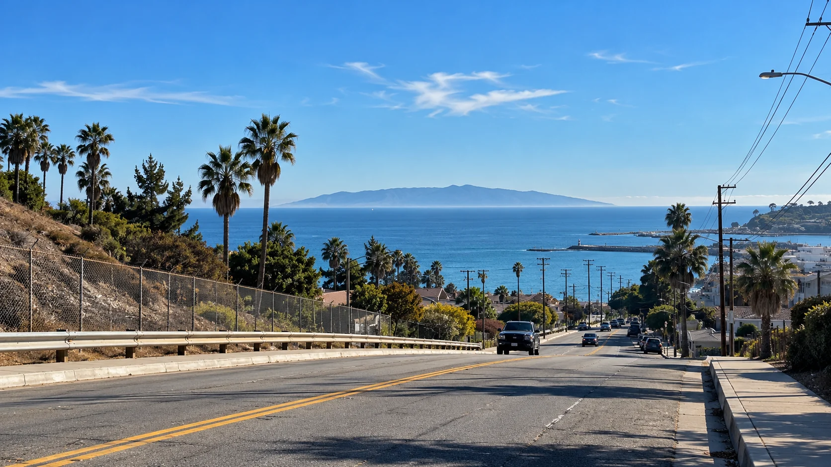 Representative AI-generated coastal road scene with Catalina Island in the distance