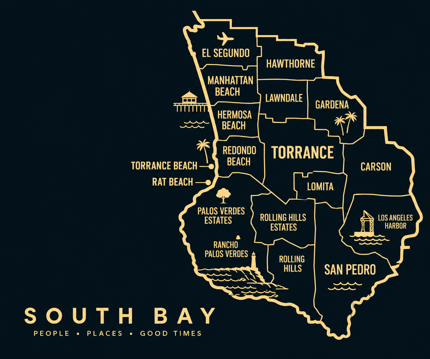 Illustrated South Bay community map labeled South Bay — People, Places, Good Times