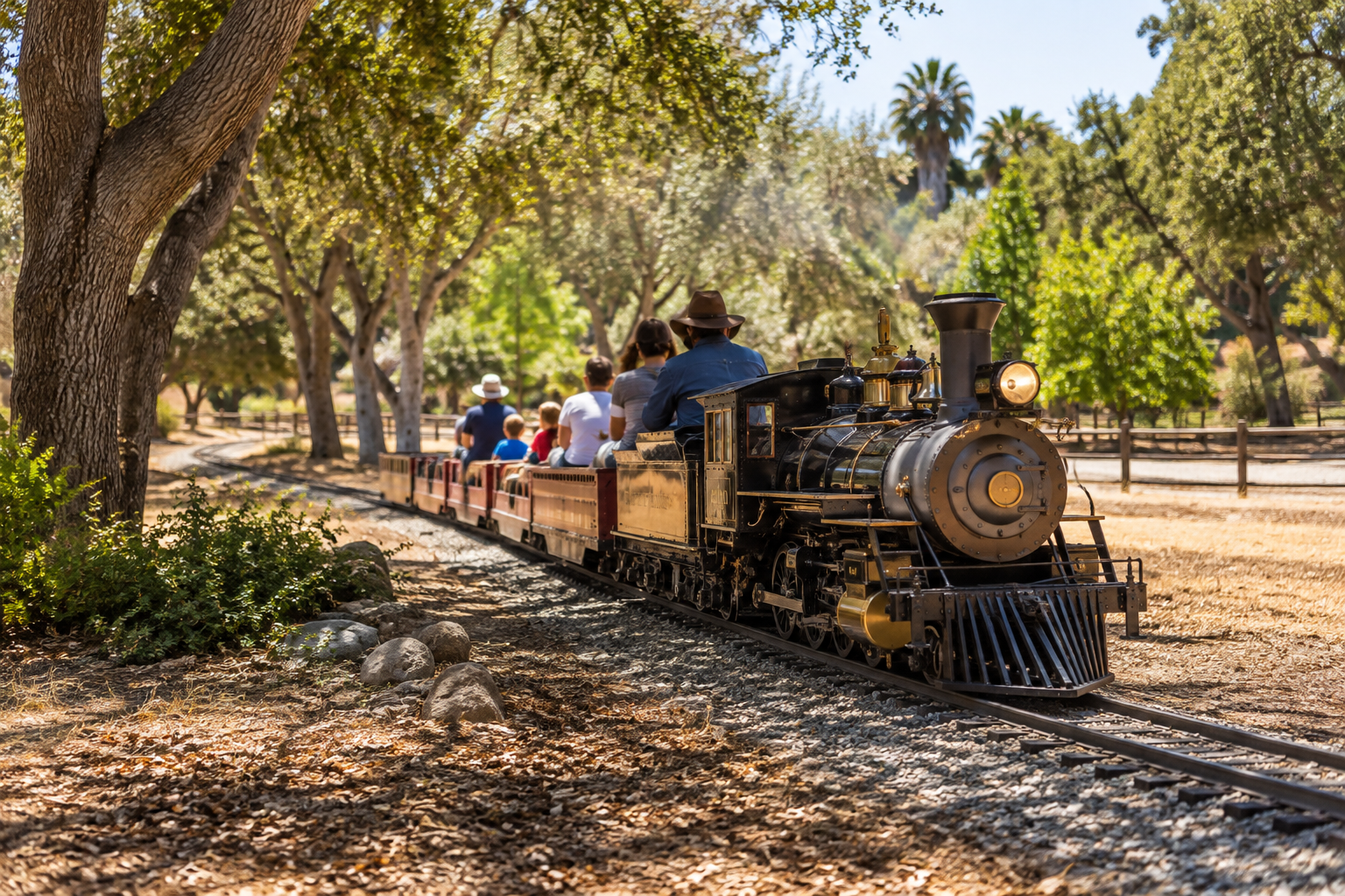 An original illustration of a miniature steam train carrying families through a Southern California park